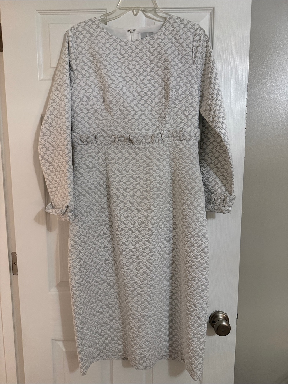 White & Grey Textured Long Sleeve Midi Dress